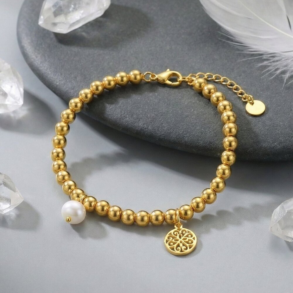18K Gold Plated Steel Beaded Bracelet Filigree Mandala Pearl Charm Boho Gift